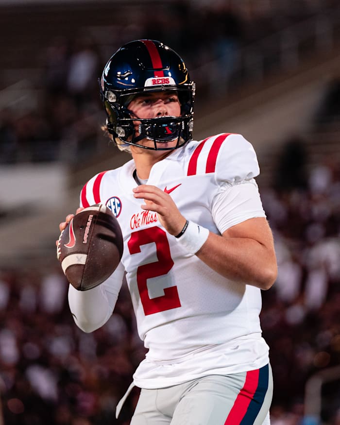 Ole Miss QB Jaxson Dart in pregame warmups at Mississippi State